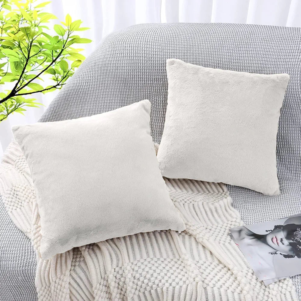 Luxe Home Cushion Cover 16 inch x 16 inch Duble Side Rabbit Fur Plain Design Covers Set of 2 for Sofa, Bedroom, livingroom